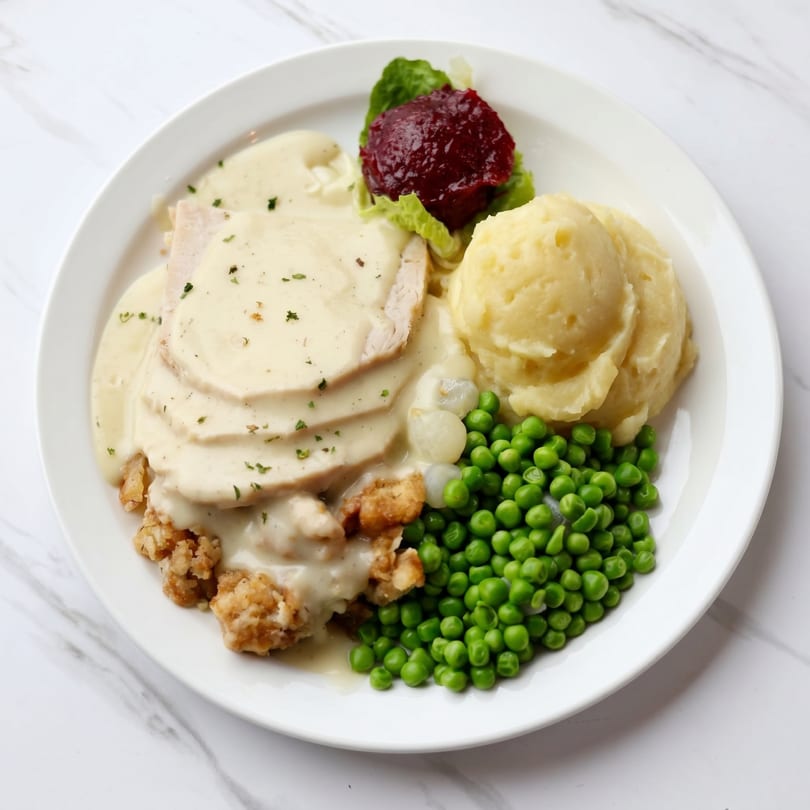 Turkey dinner with gravy, mashed potatoes, peas, stuffing, and cranberry sauce on a white plate.